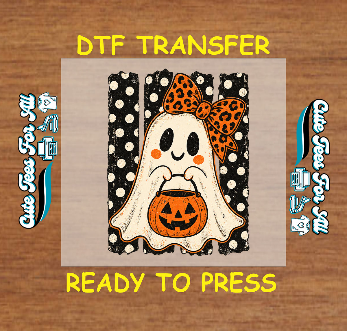 Halloween-themed DTF transfer design featuring a cute ghost character holding a jack-o'-lantern, with an orange leopard-print bow, set against a black and white polka dot background. The graphic is displayed on a wood-textured background with text reading 'DTF TRANSFER' and 'READY TO PRESS'.