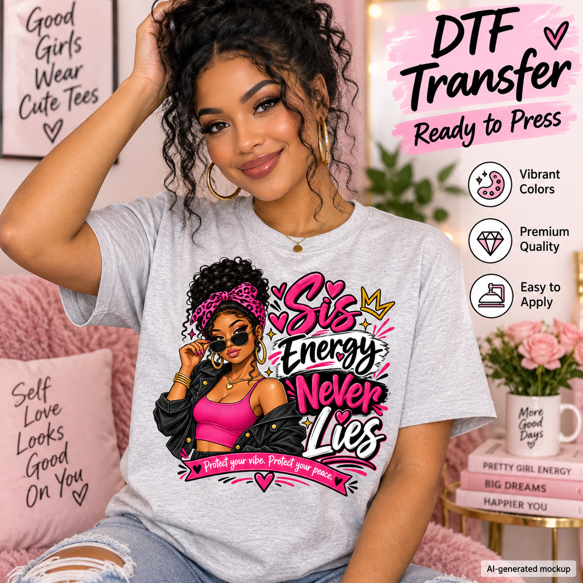 Model wearing a light grey shirt with a pink and black Sis Energy Never Lies design featuring a woman in sunglasses, hearts, and a crown.