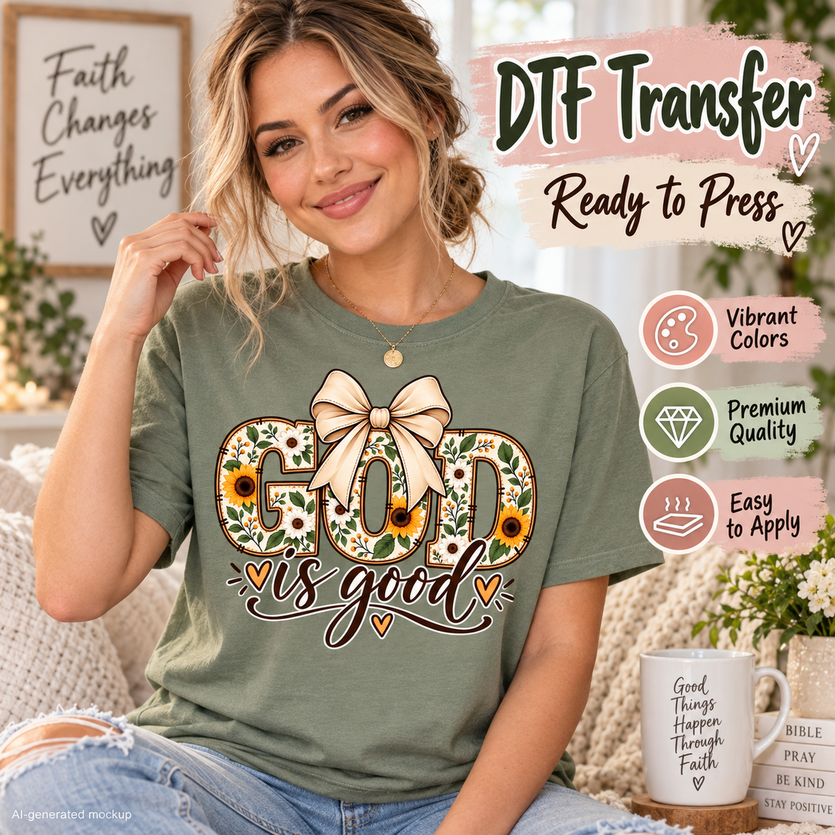 A woman wearing an olive green t-shirt with a 'God is good' DTF transfer graphic featuring sunflowers and a bow, sitting in a cozy living room setting with promotional text overlays.