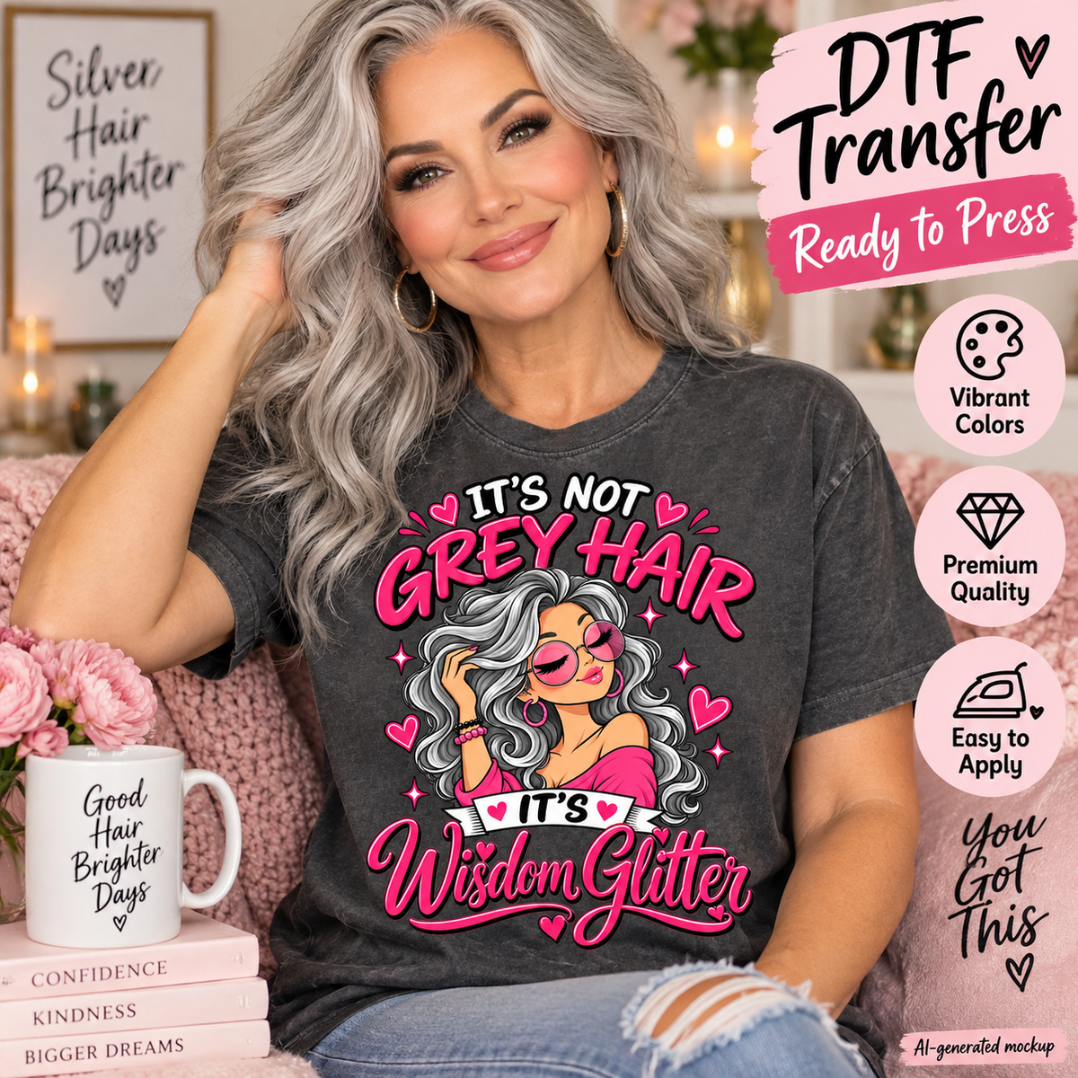 Silver-haired model wearing a charcoal shirt with an It’s Not Grey Hair It’s Wisdom Glitter design in hot pink, white, and silver-grey.