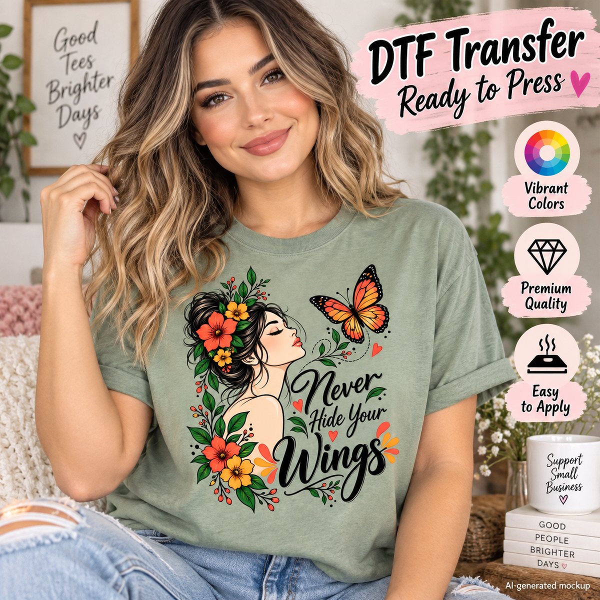 Model wearing a sage green shirt with a Never Hide Your Wings design featuring a floral-haired woman, an orange butterfly, and black script.