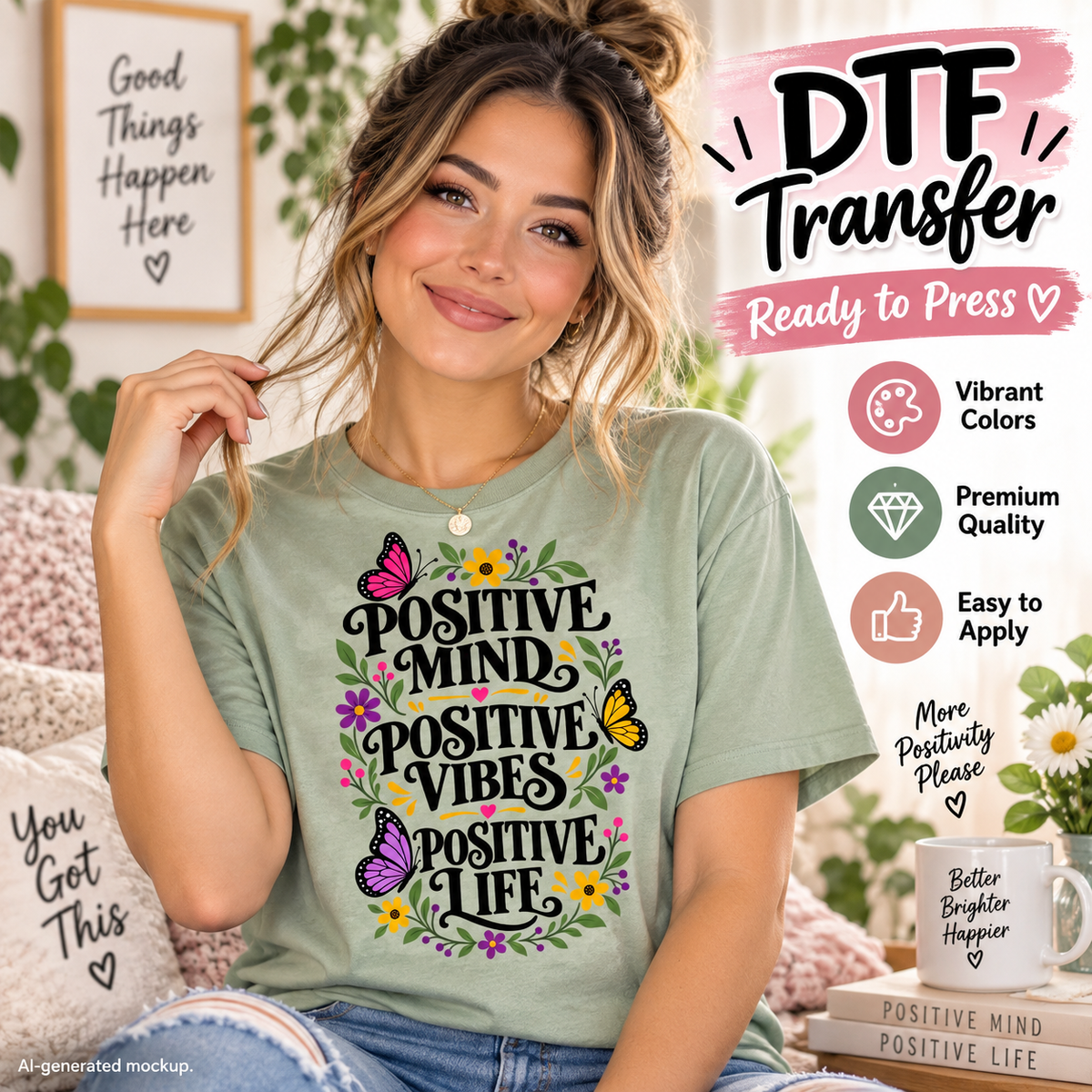 A woman wearing a sage green DTF transfer t-shirt with a colorful butterfly and floral graphic that reads 'POSITIVE MIND POSITIVE VIBES POSITIVE LIFE'. The image is a promotional mockup with text overlays highlighting the features of the DTF transfer design.