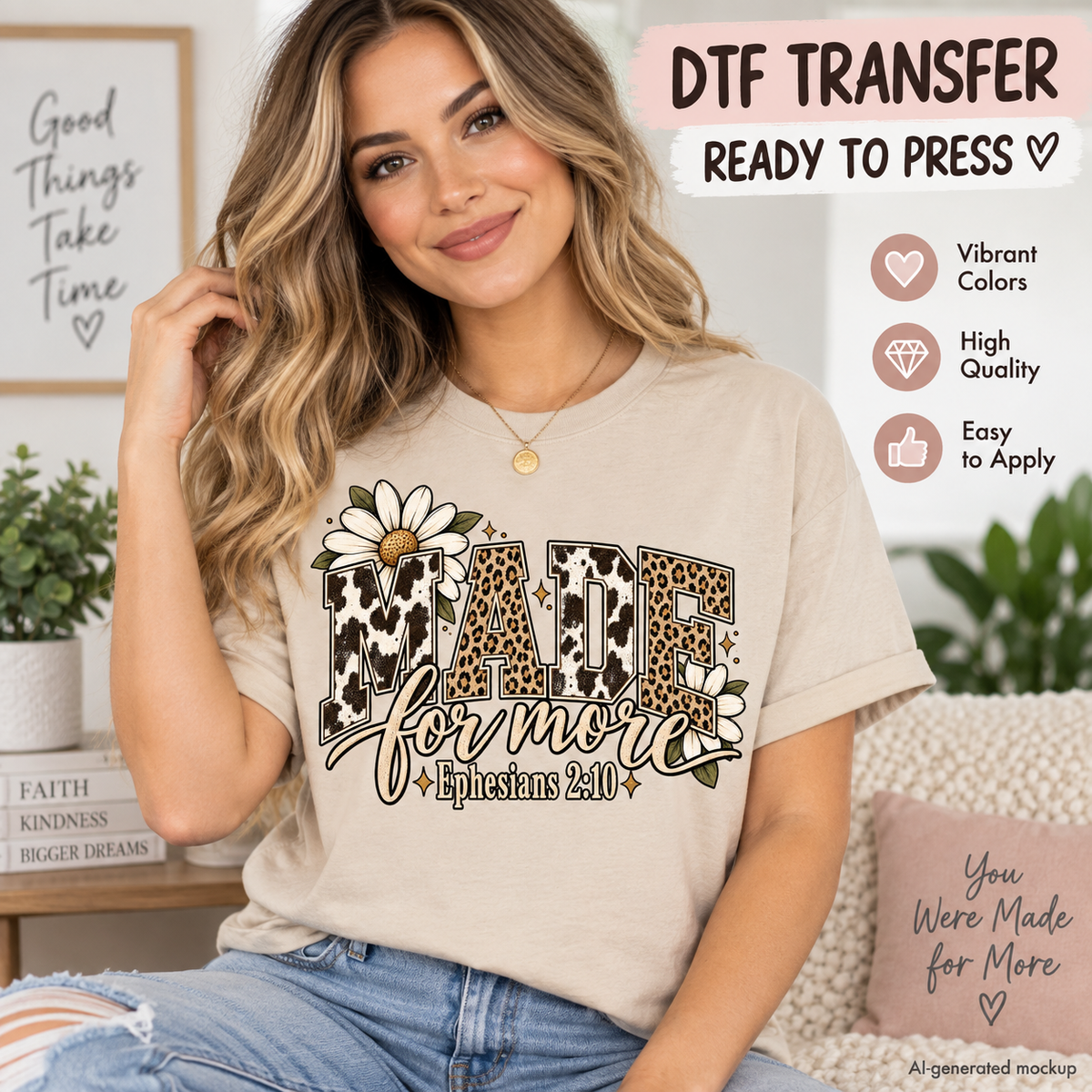 A woman wearing a beige graphic T-shirt with a DTF transfer design that reads 'Made for more Ephesians 2:10' in leopard print and white daisy graphics. The image includes promotional text overlays for a ready-to-press transfer.