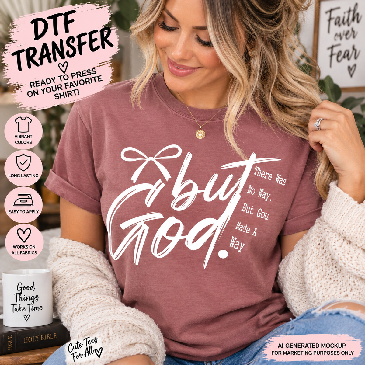 A woman wearing a mauve-brown t-shirt with a white 'But God Made A Way' DTF transfer graphic, styled with a white knit sweater. The image includes promotional text overlays for a DTF transfer mockup.