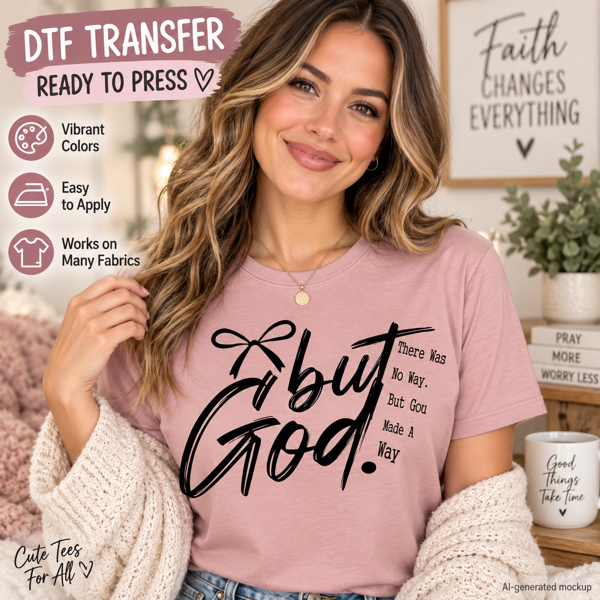 Model wearing a pink shirt with black “But God” lettering, a bow, and the phrase “There Was No Way. But God Made A Way.”