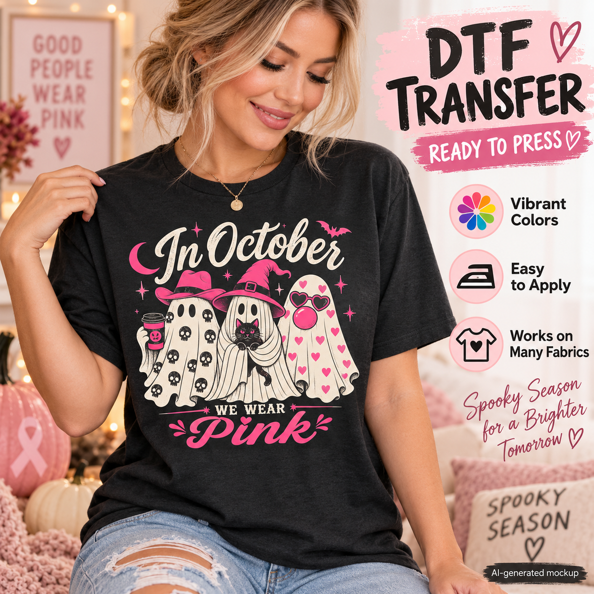 Model wearing a black shirt with three ghosts in pink accessories and the phrase “In October We Wear Pink.”