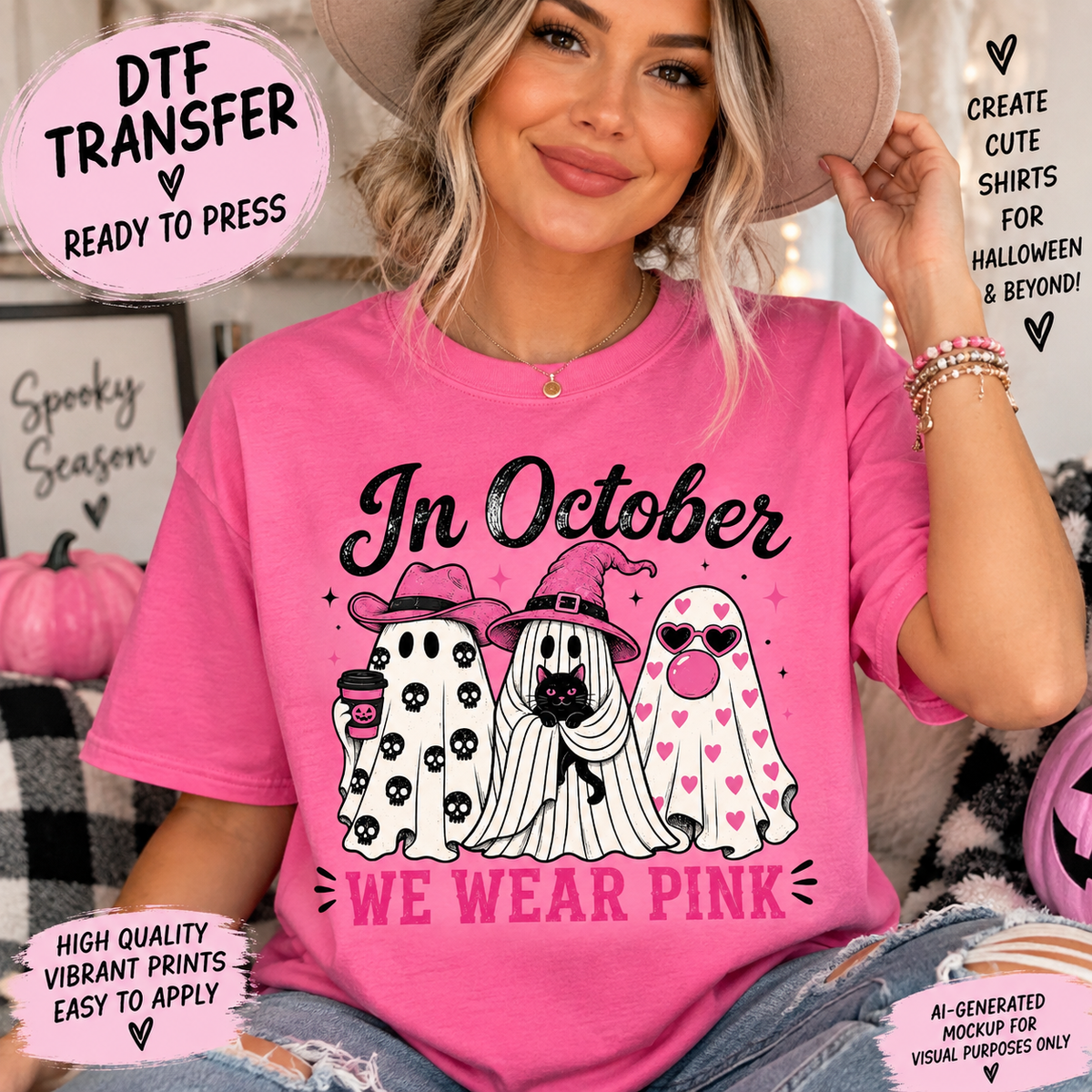 A woman wearing a bright pink graphic T-shirt with a Halloween-themed design that reads 'In October WE WEAR PINK' and shows three ghost characters. The image includes promotional text overlays for a DTF transfer mockup.