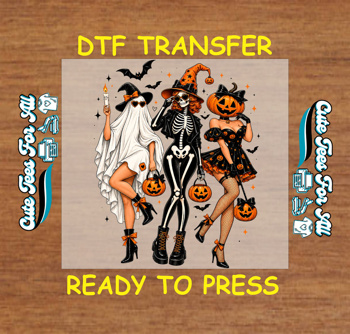 Halloween trio DTF design with a candle-holding ghost, skeleton in an orange witch hat, and pumpkin-headed girl surrounded by bats and stars.