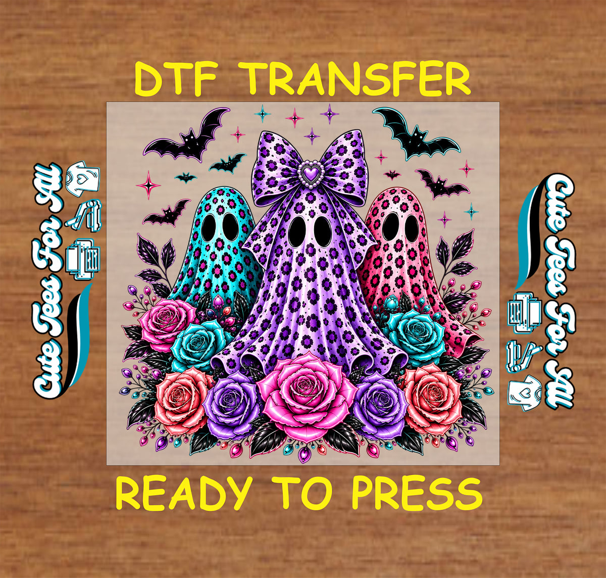 Leopard ghost trio DTF design with a large purple bow, pink and turquoise roses, purple flowers, dark foliage, bats, and stars.