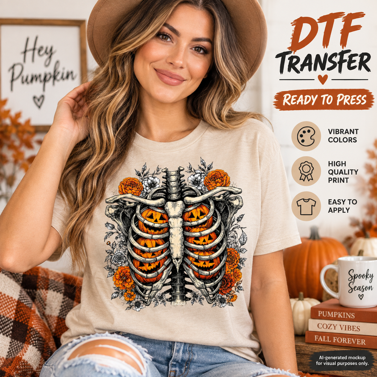 Model wearing a cream shirt featuring a skeletal rib cage filled with orange jack-o’-lanterns and surrounded by flowers.
