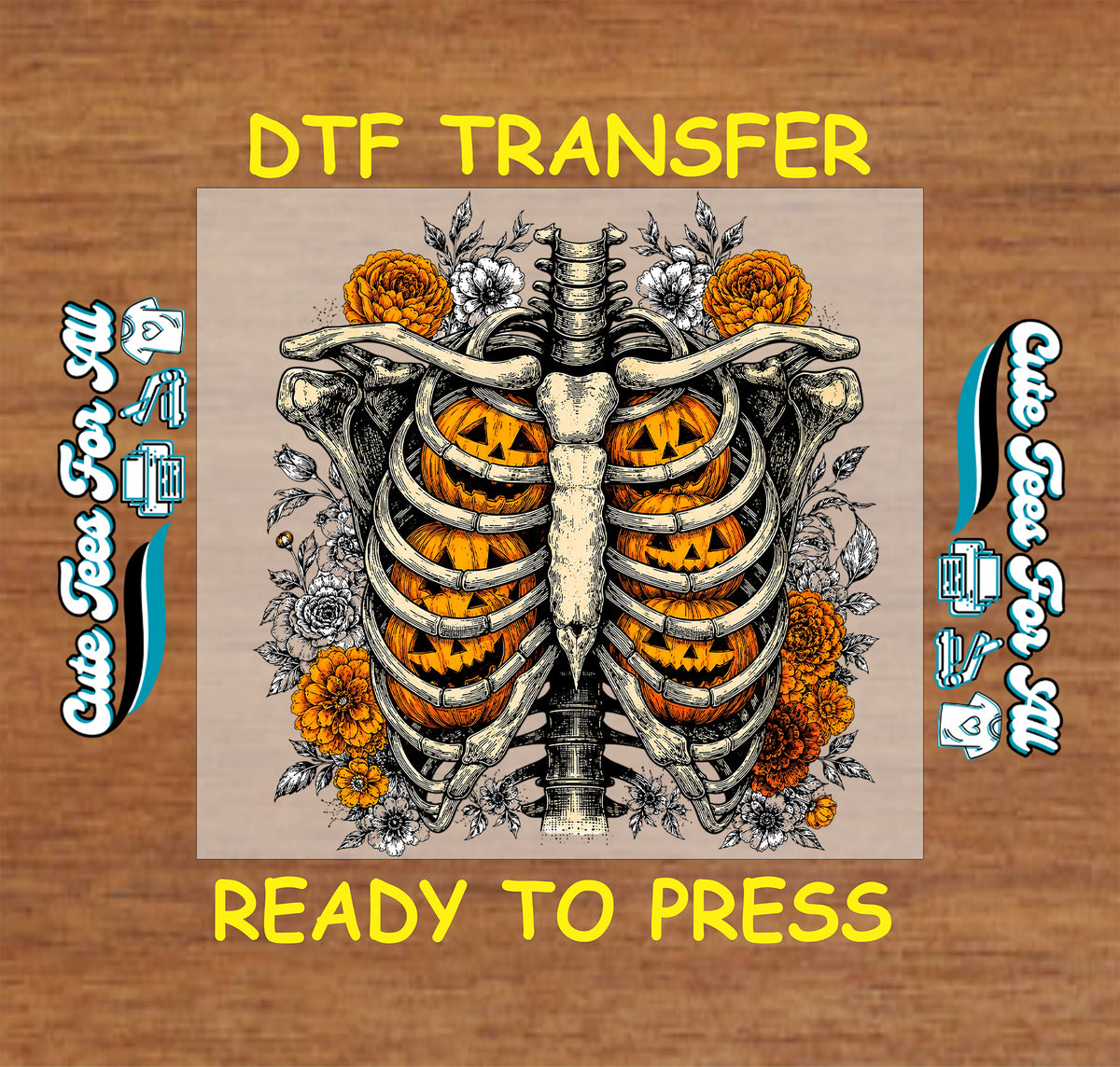 Pumpkin rib cage DTF design featuring orange jack-o’-lanterns inside skeletal ribs, framed by orange and monochrome flowers with foliage.