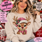 Cute Christmas Reindeer Faux Glitter DTF Transfer – Ready to Press 15303