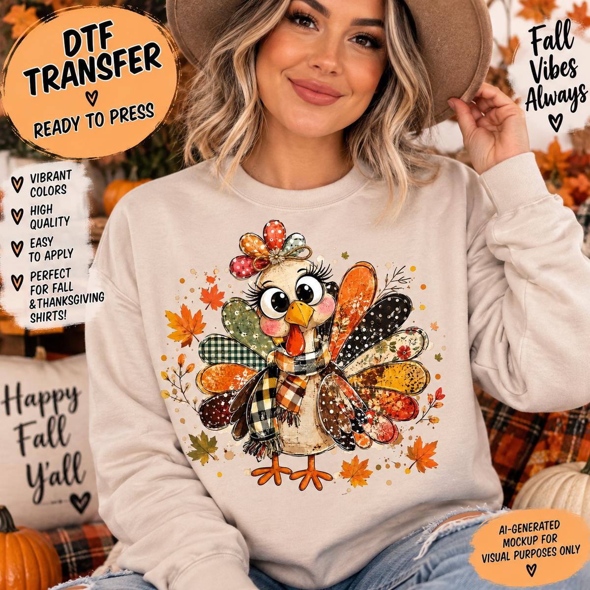 Model wearing a cream sweatshirt featuring a cute turkey with patchwork feathers, a plaid scarf, and surrounding autumn leaves.