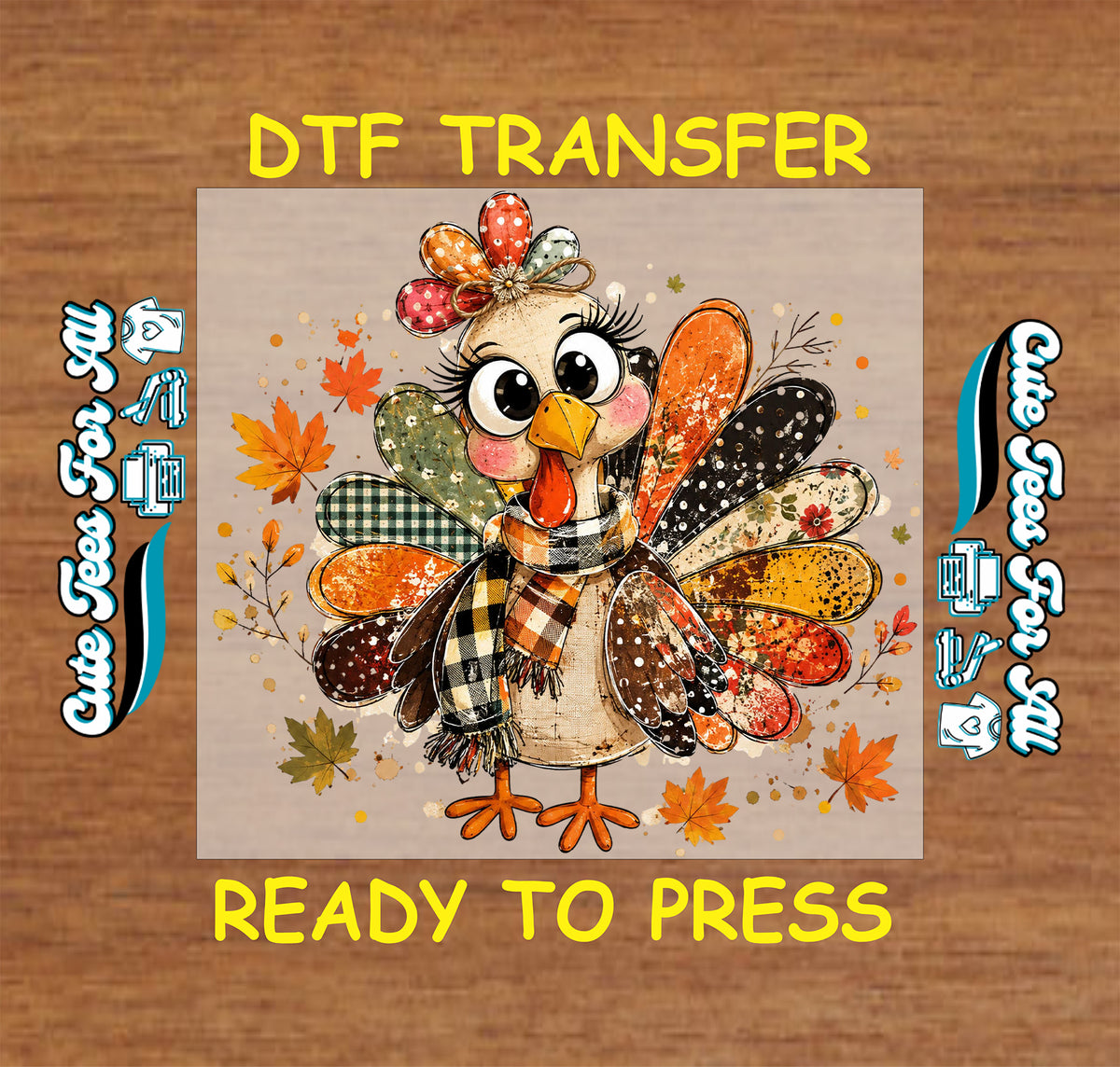 Cute turkey DTF design with big eyes, a bow, plaid scarf, patterned patchwork feathers, and orange and green fall leaves.