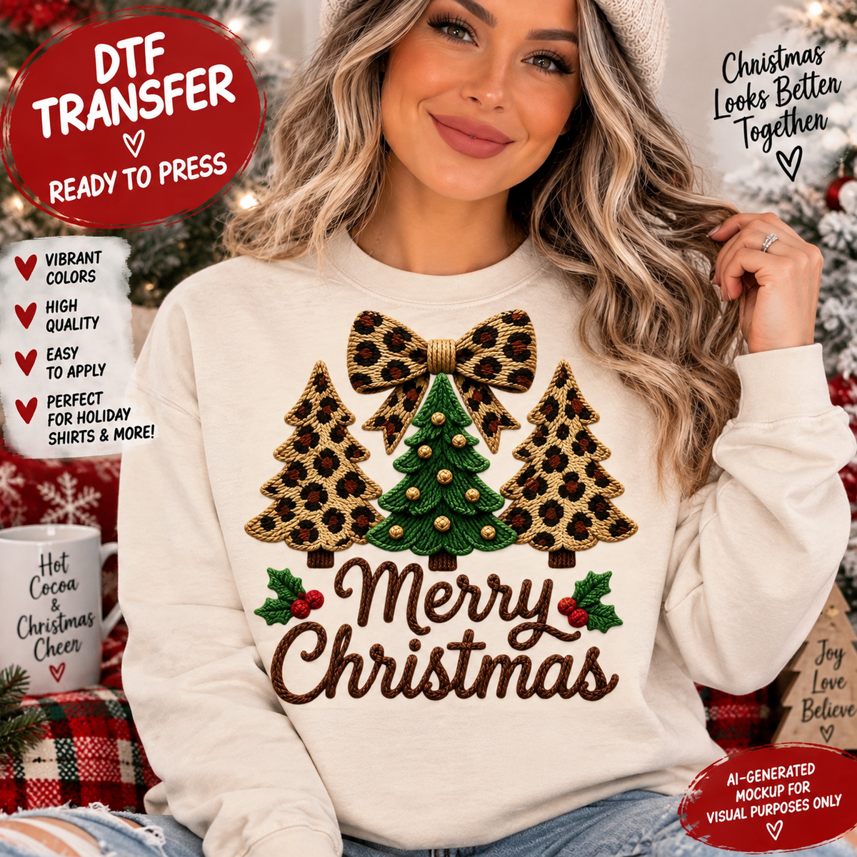 Model wearing a cream sweatshirt with leopard-print Christmas trees, a green ornamented tree, a large bow, and Merry Christmas lettering.