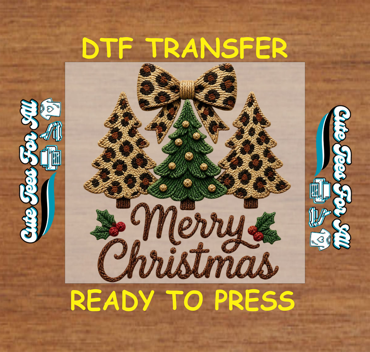 Merry Christmas DTF design featuring two leopard-print trees, a green tree with gold-colored ornaments, a leopard bow, and holly in a faux stitched style.