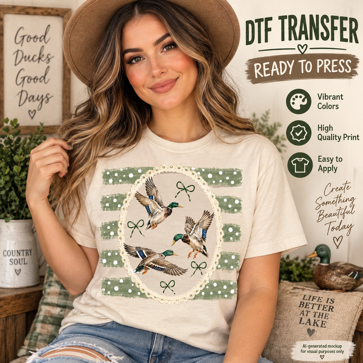 Model wearing a cream shirt featuring three flying mallard ducks, green bows, a lace-style oval, and sage green polka dot stripes.