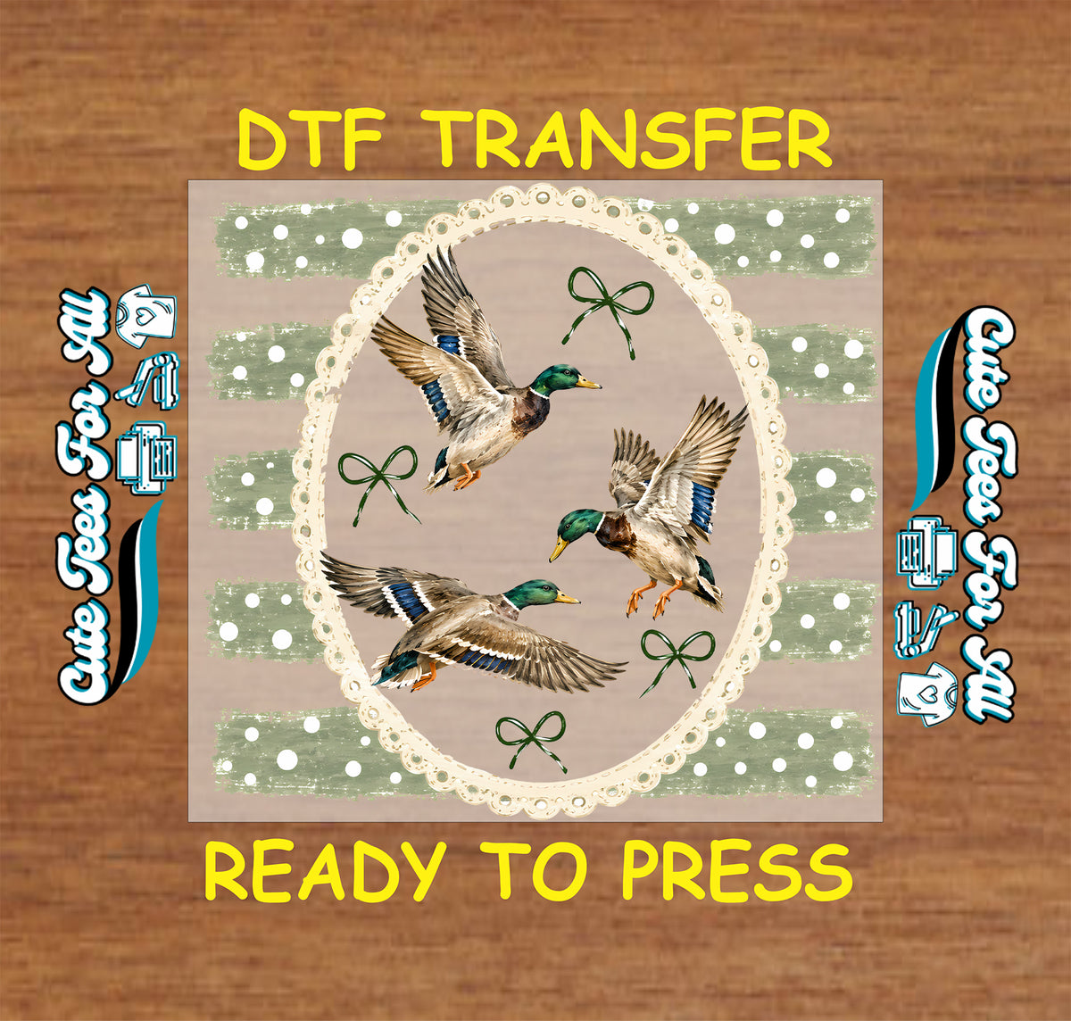 Three mallard ducks with green bows inside a cream lace-style oval over sage green stripes with white polka dots.