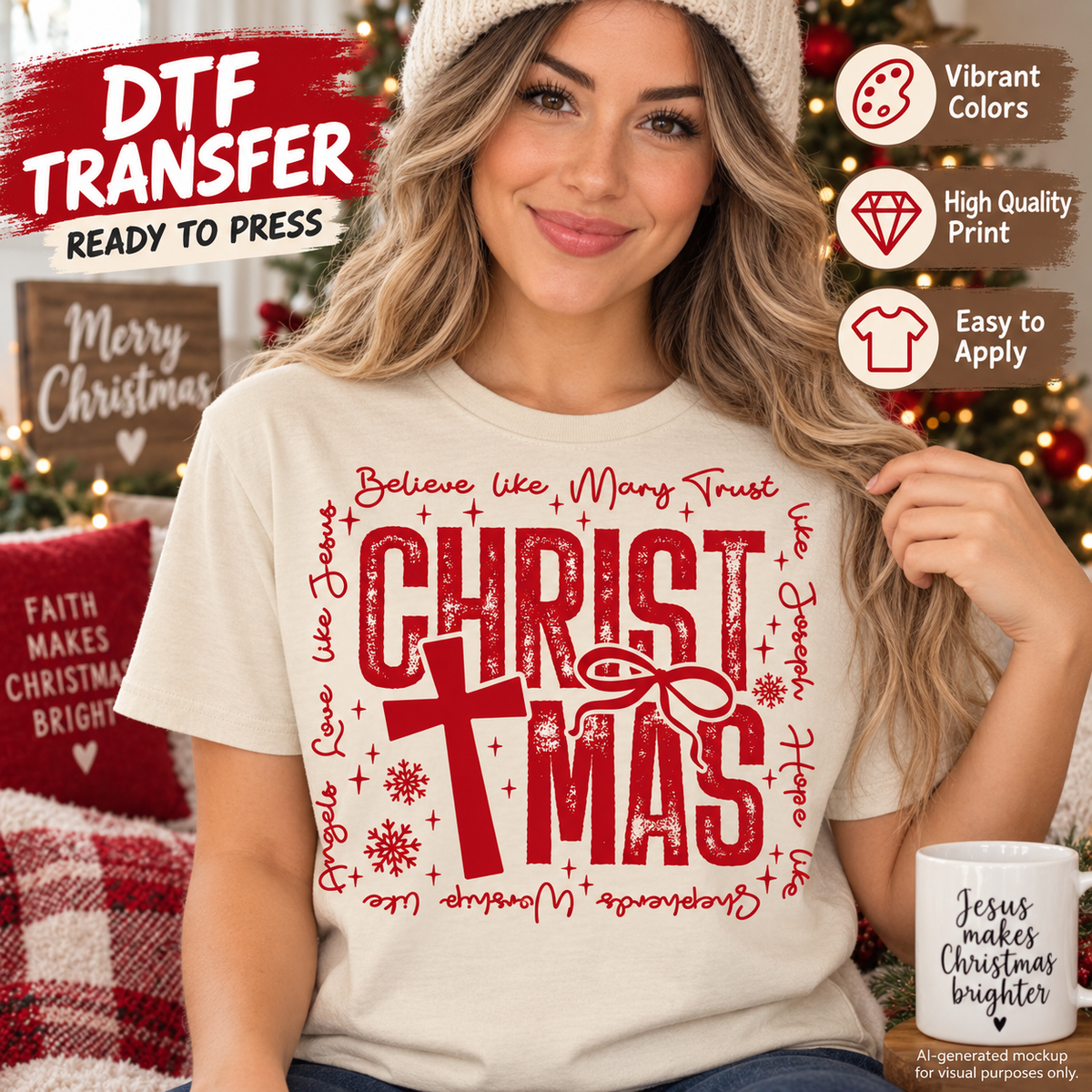 Model wearing a cream shirt with red Christian Christmas lettering, a cross, bow, snowflakes, and faith-inspired script.