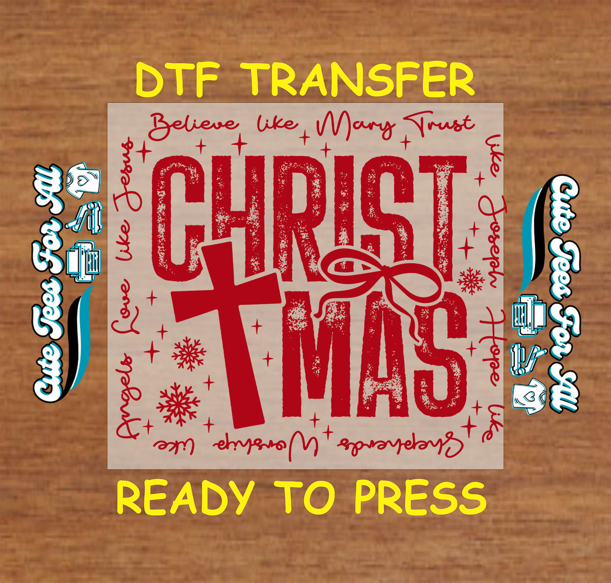 Red distressed Christ Christmas design with a cross, bow, snowflakes, stars, and script about Mary, Joseph, shepherds, angels, and Jesus.