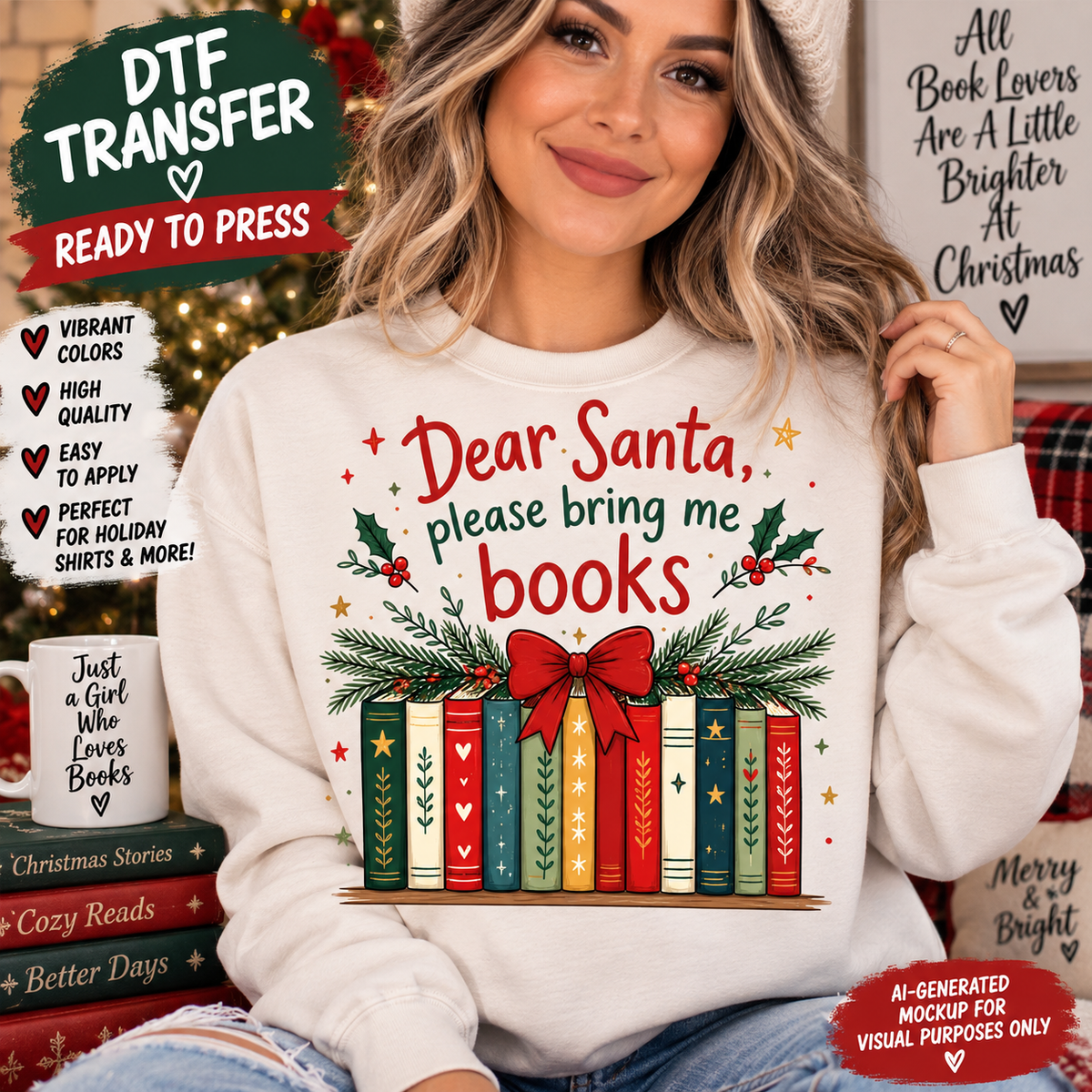 Model wearing a cream sweatshirt with Dear Santa Please Bring Me Books lettering above colorful books, Christmas greenery, and a red bow.