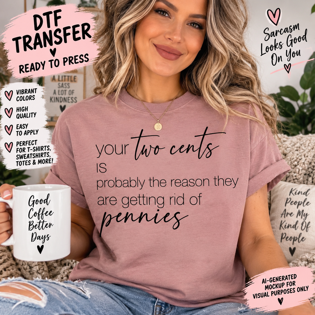 Model wearing a dusty pink shirt with black lettering reading Your two cents is probably the reason they are getting rid of pennies.