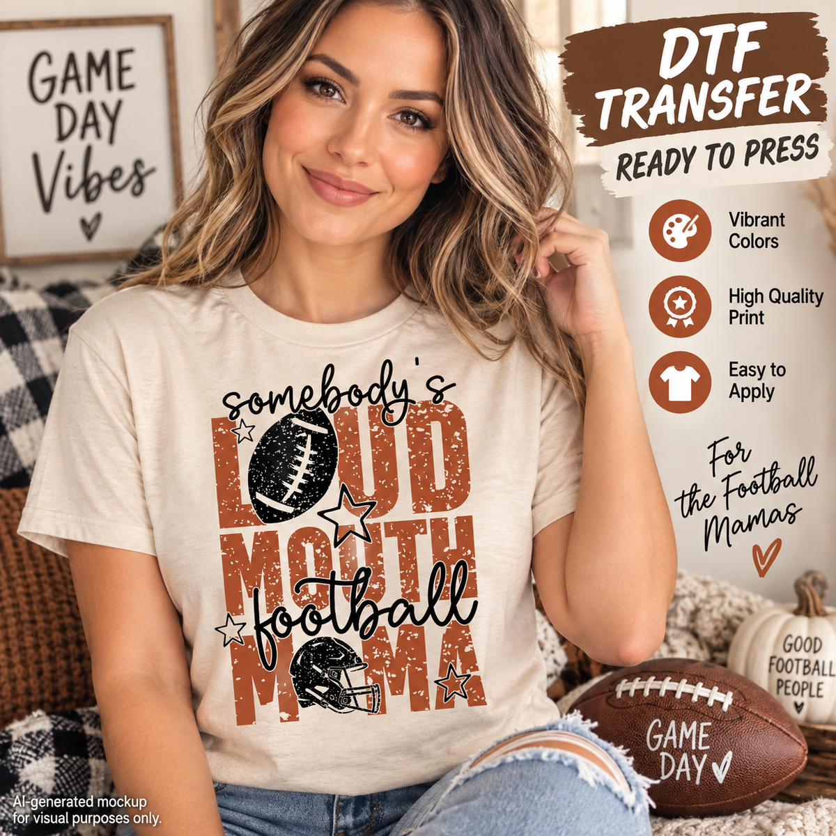 Model wearing a cream shirt with Somebody’s Loud Mouth Football Mama lettering, a football, helmet, and stars in burnt orange and black.