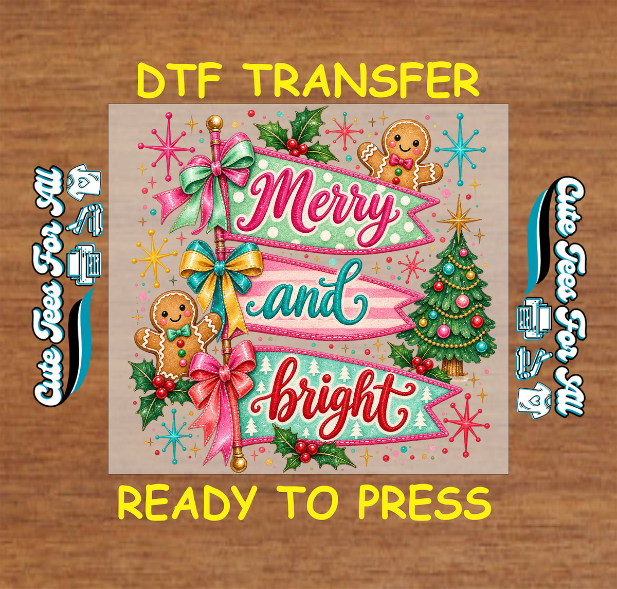 Merry and Bright pennant banners in pink, mint, and teal with bows, gingerbread characters, holly, a Christmas tree, and retro starbursts.