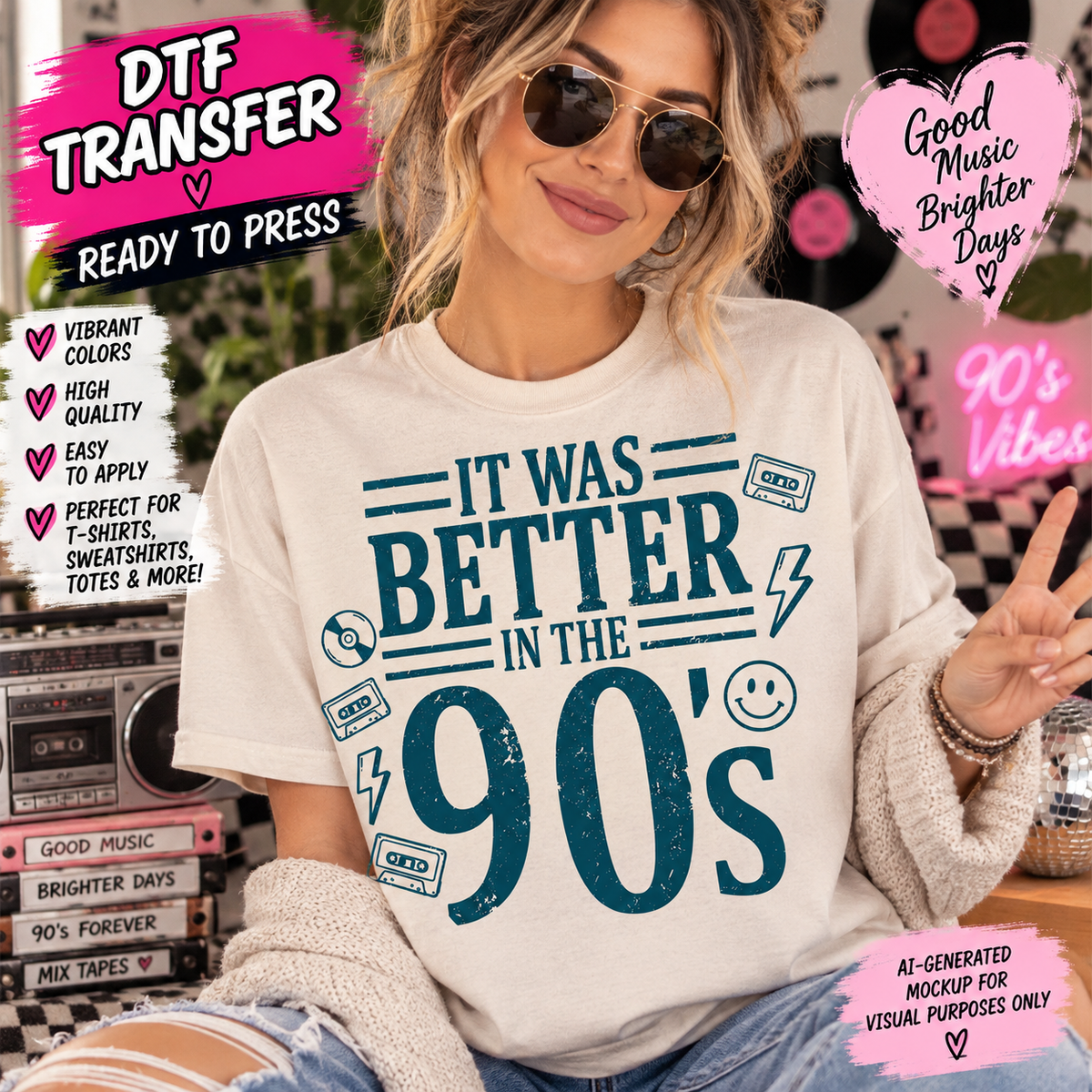 Model wearing a cream shirt with distressed teal It Was Better in the 90’s lettering, cassette tapes, lightning bolts, and a smiley face.