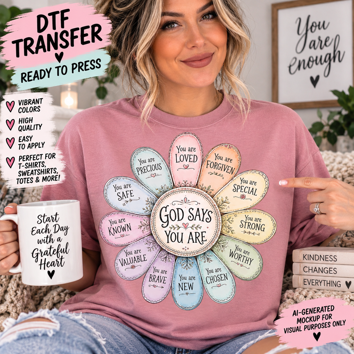 Model wearing a dusty pink shirt with a pastel flower featuring God Says You Are in the center and encouraging affirmations on each petal.