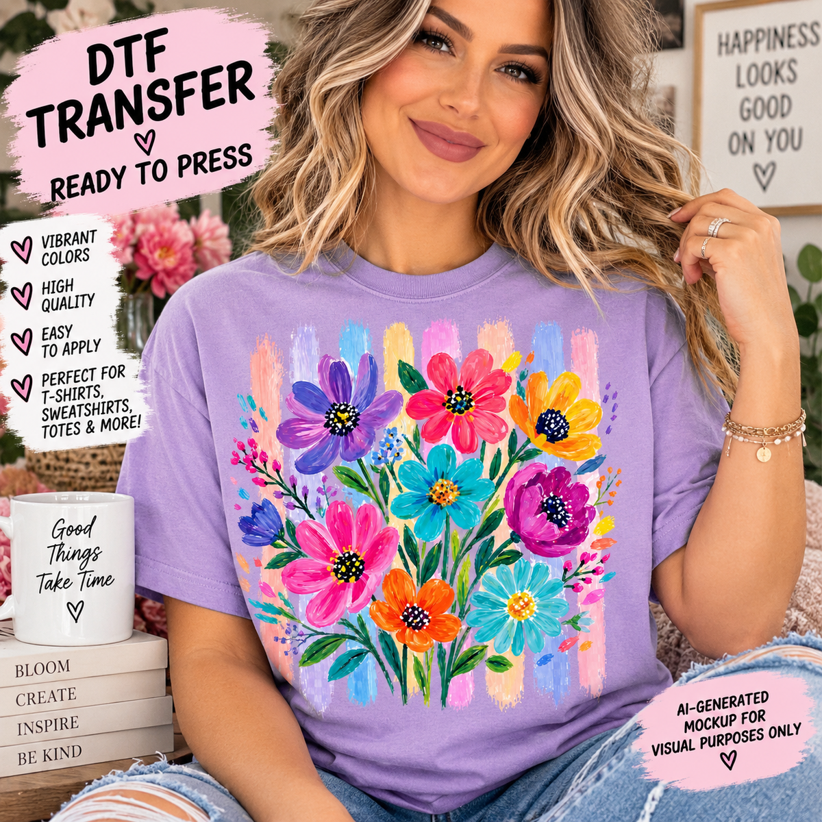 Model wearing a lavender shirt featuring a colorful wildflower bouquet with green leaves over vertical pastel brushstroke stripes.