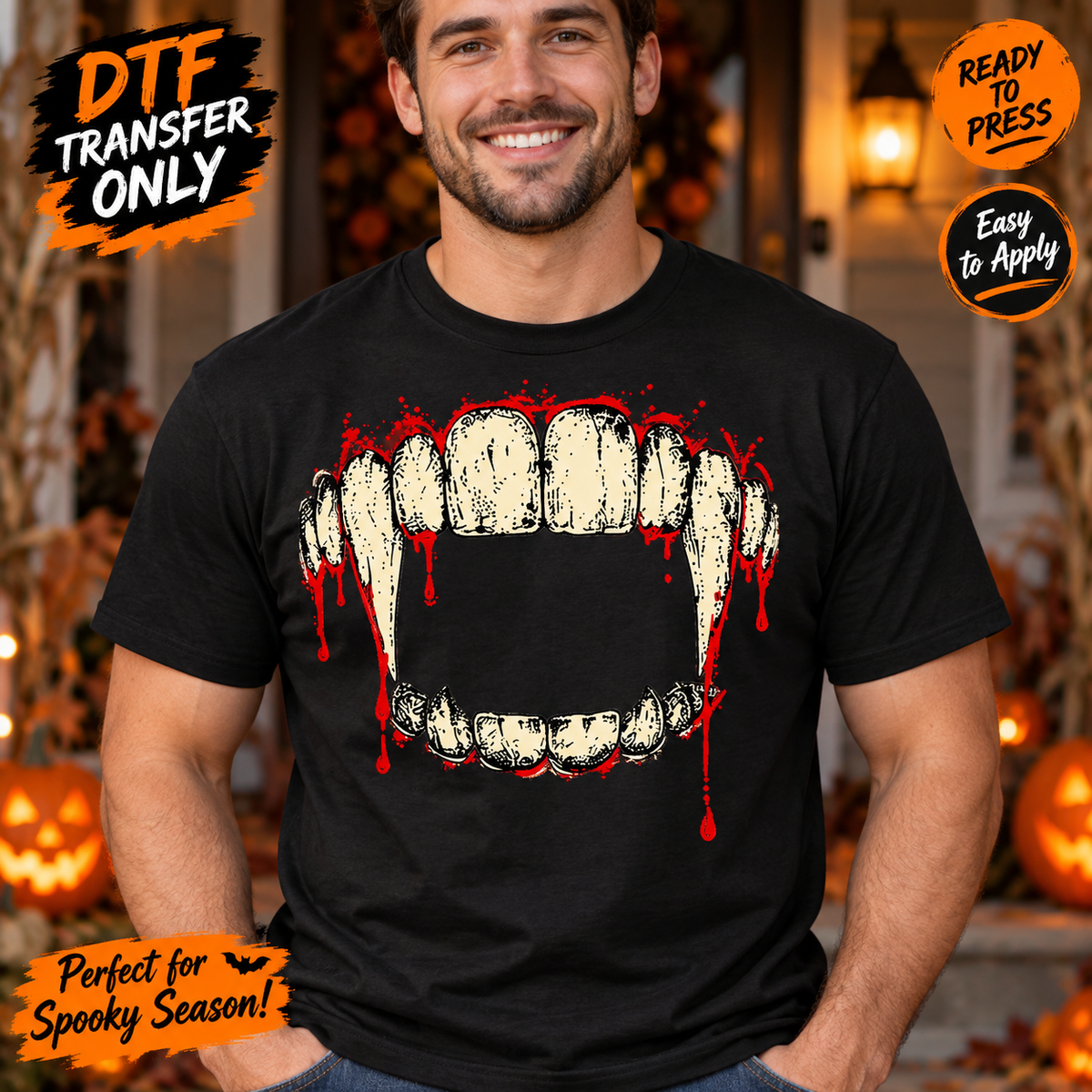 Halloween Vampire Fangs DTF Transfer – Bloody Horror Teeth mock up