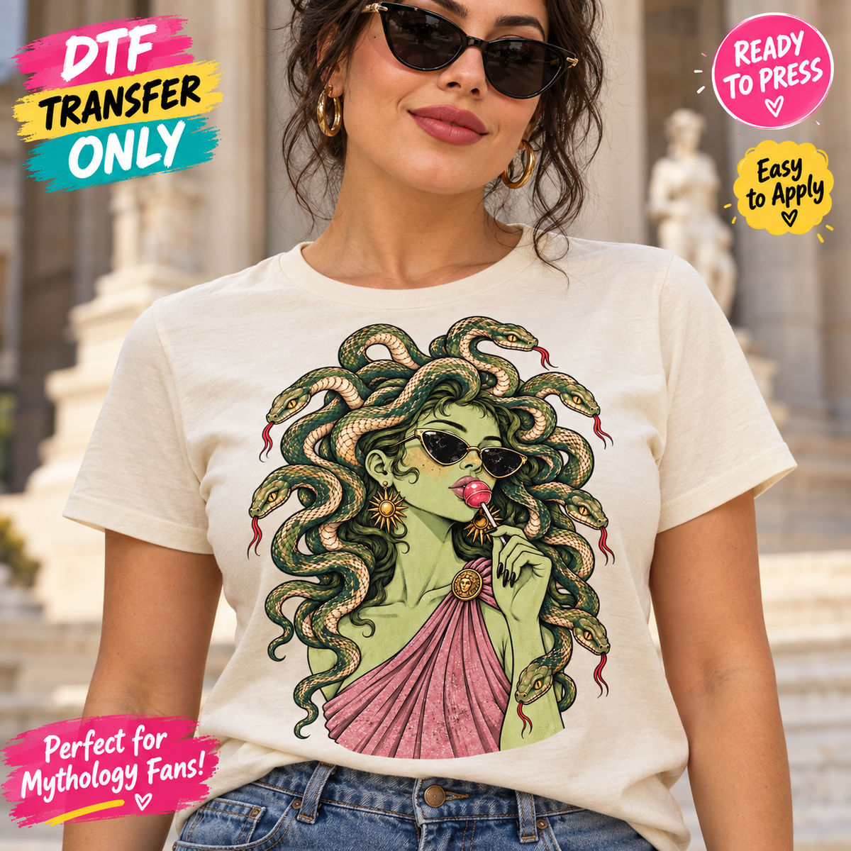 Medusa DTF Transfer – Bubblegum Sunglasses Mythology Art mock up