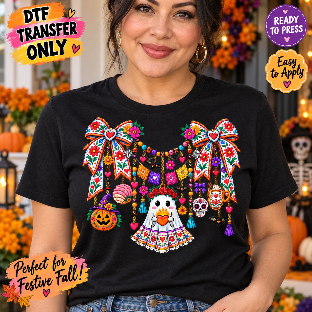 Halloween Día de Muertos Ghost DTF Transfer – Floral Bow Garland mock up