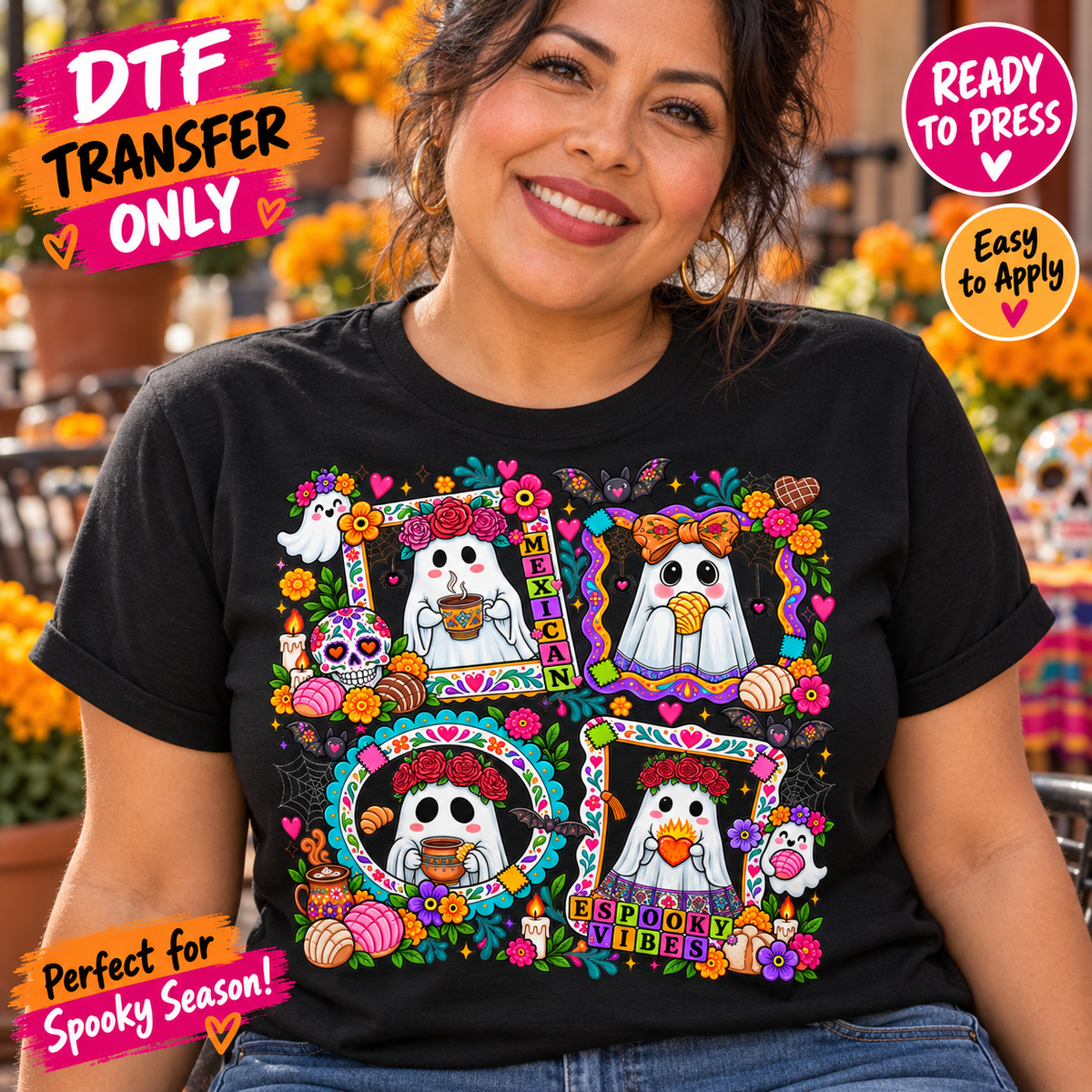 Mexican Spooky Vibes Halloween DTF Transfer – Ghost Collage mock up