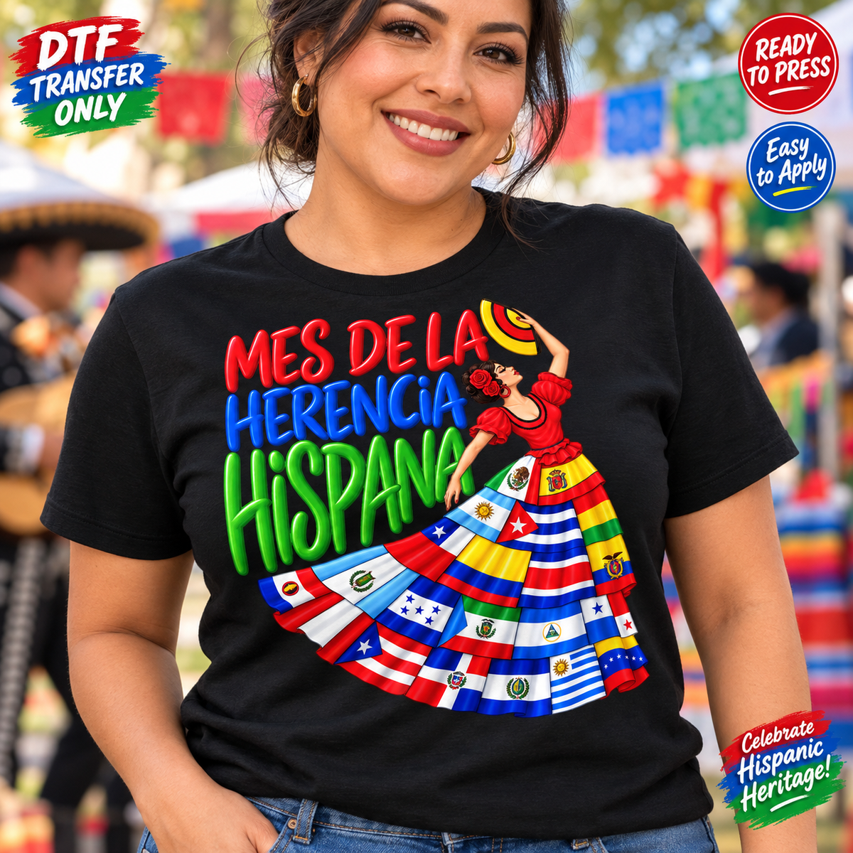 Mes de la Herencia Hispana DTF Transfer – Flag Dress Dancer mock up