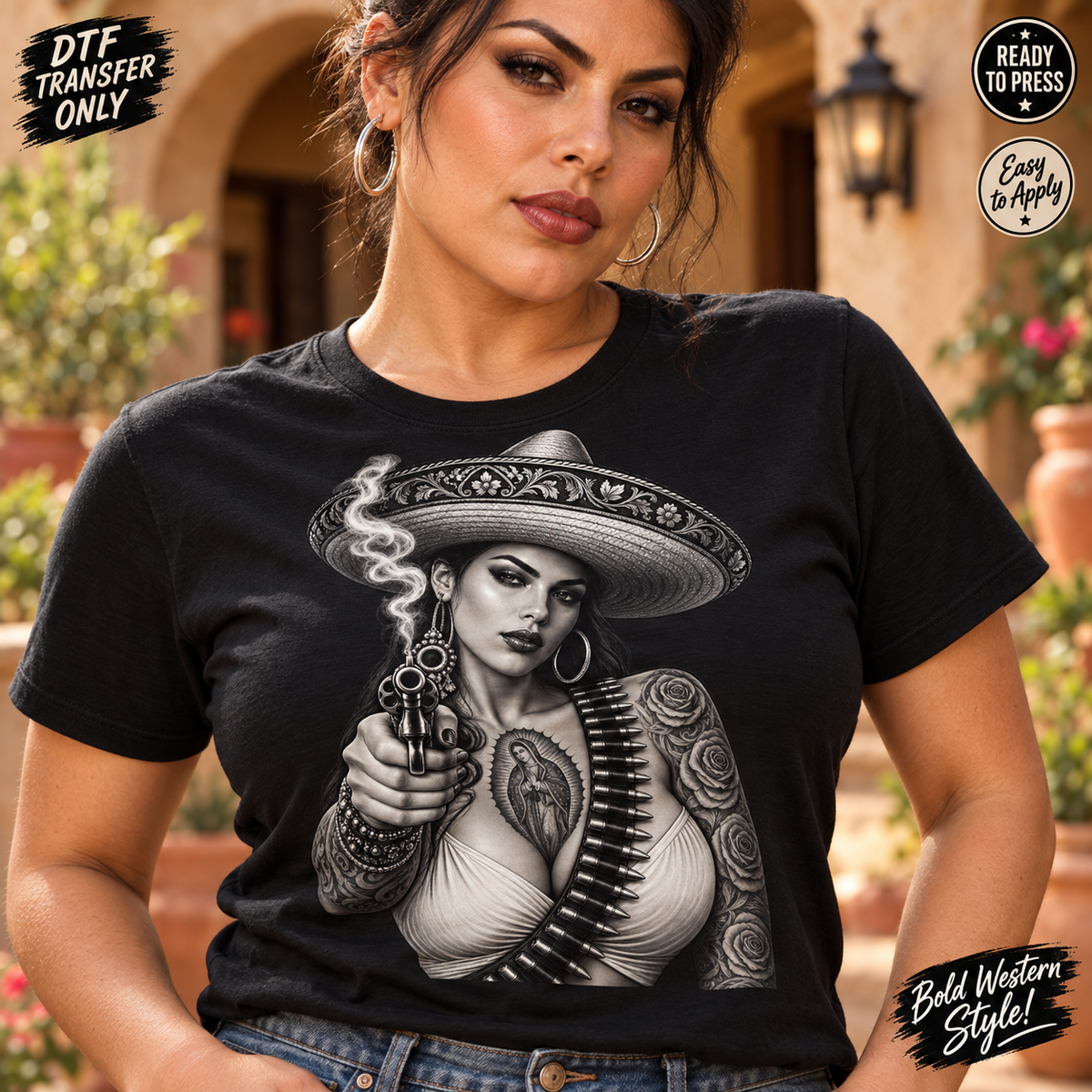 Mexican Western Cowgirl DTF Transfer – Monochrome Portrait mock up