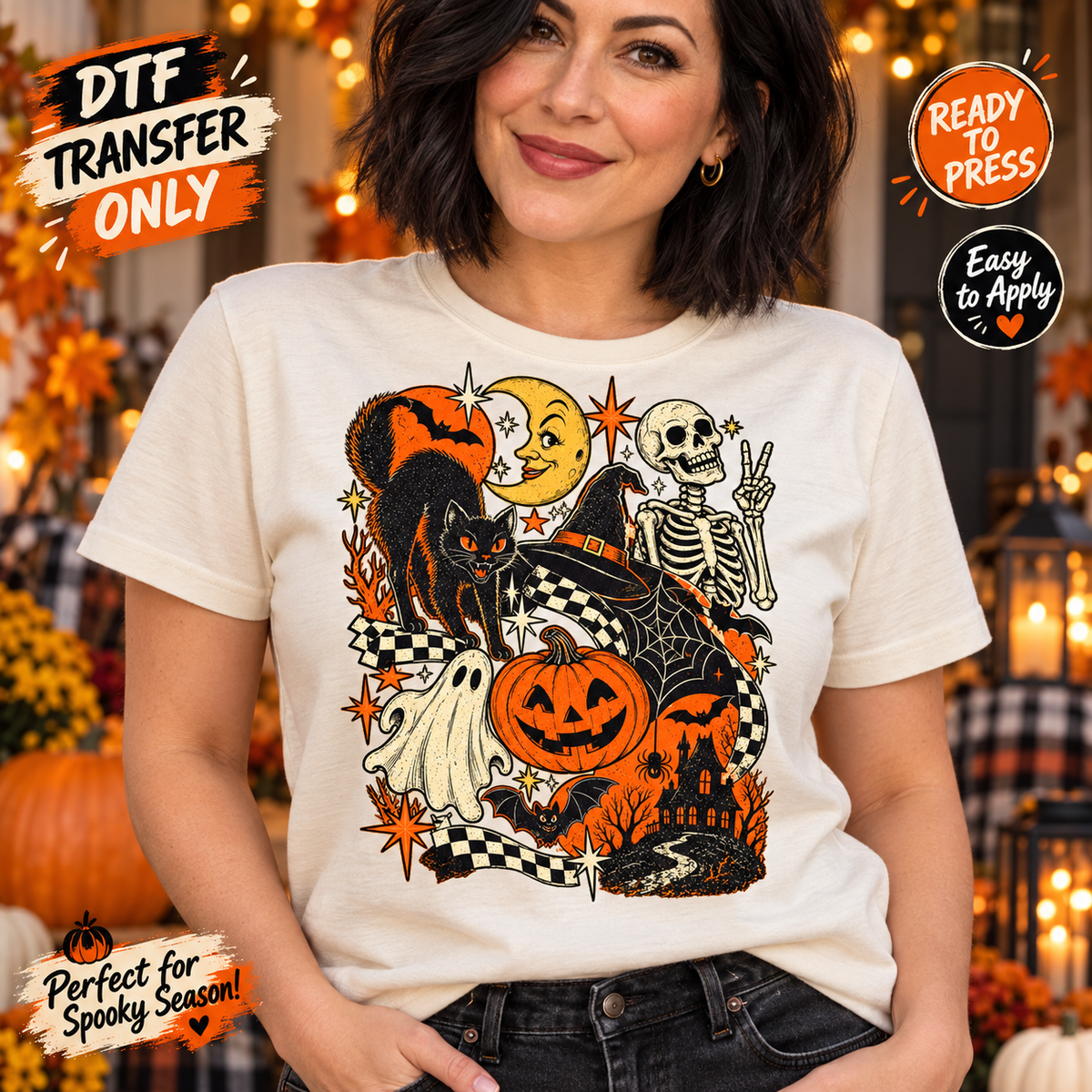 Vintage Halloween Collage DTF Transfer – Ghost & Skeleton SHIRT MOCK UP
