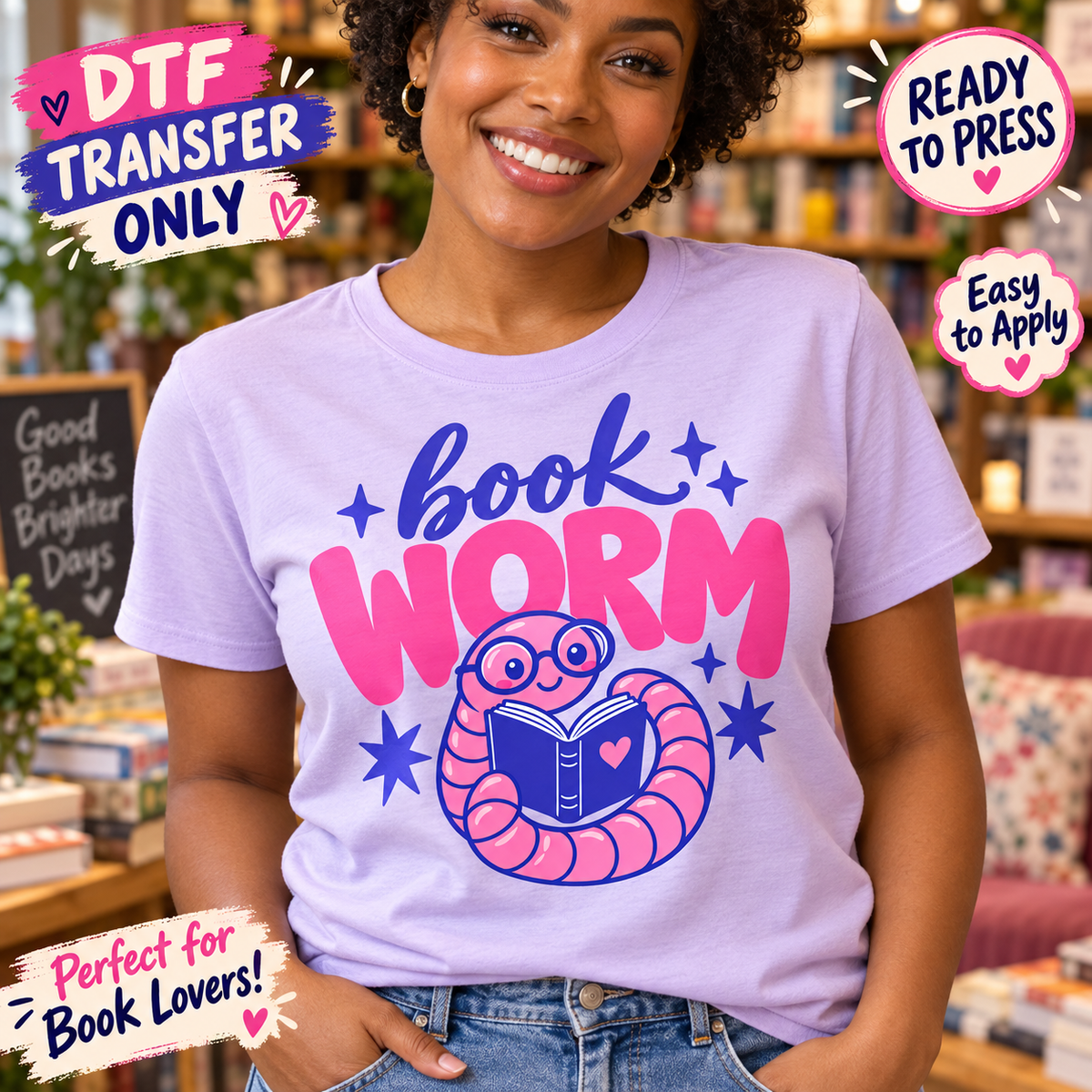 Bookworm Reading DTF Transfer – Book Lover SHIRT MOCK UP