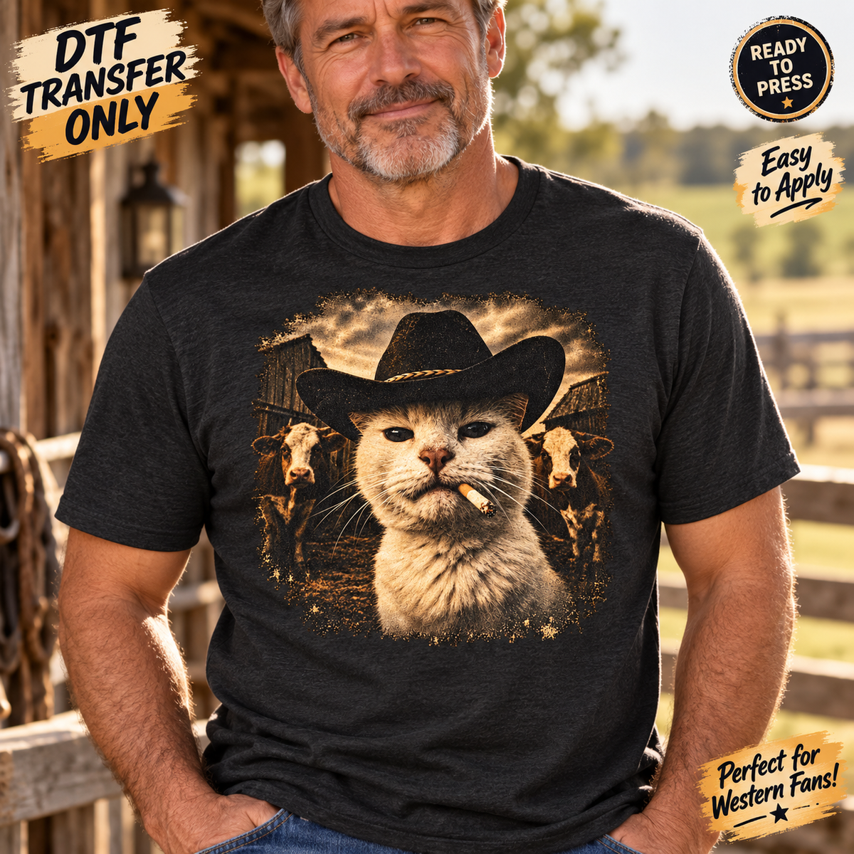 Cowboy Cat Funny Western DTF Transfer SHIRT MOCK UP