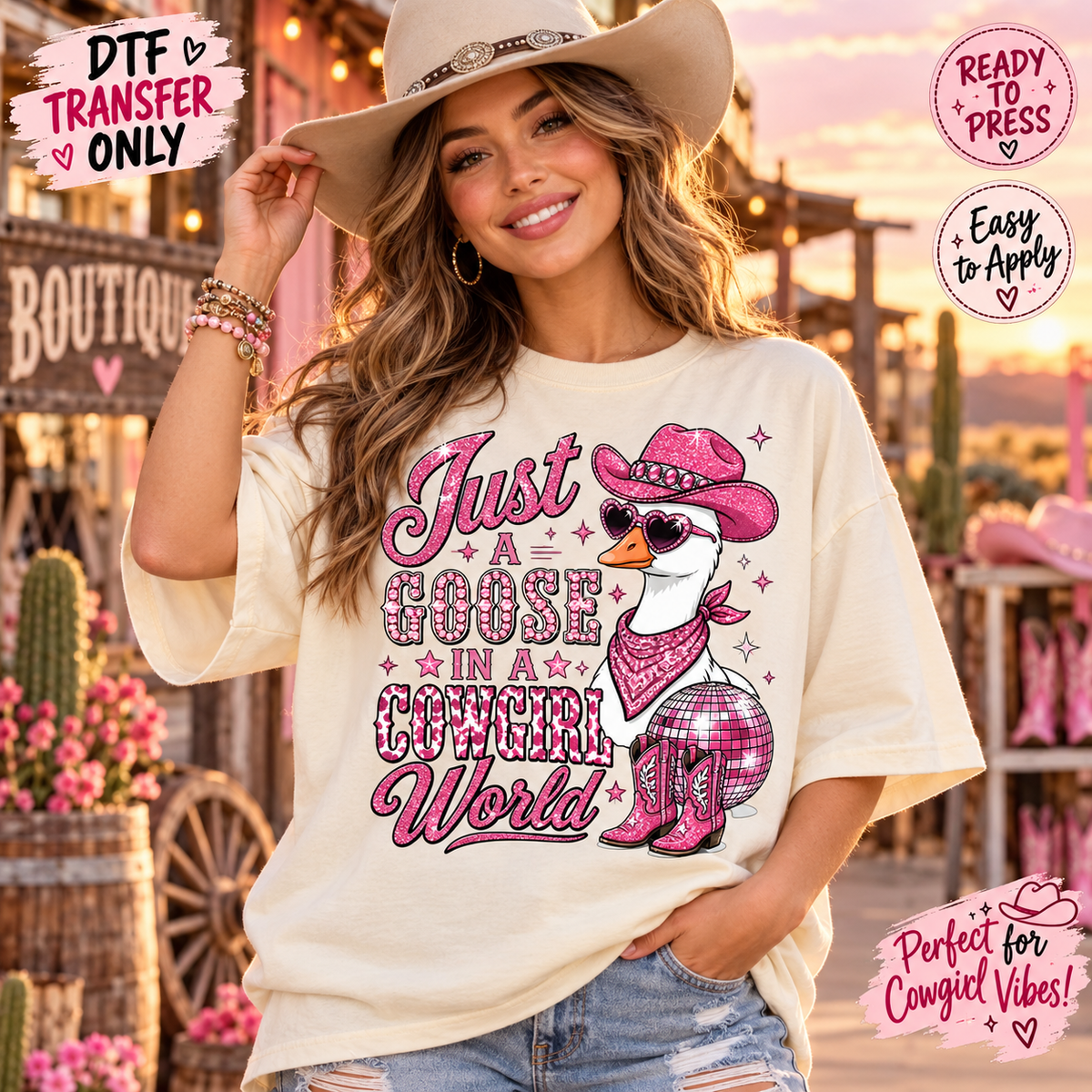 Funny Cowgirl Goose DTF Transfer – Just a Goose in a Cowgirl World shirt mock up