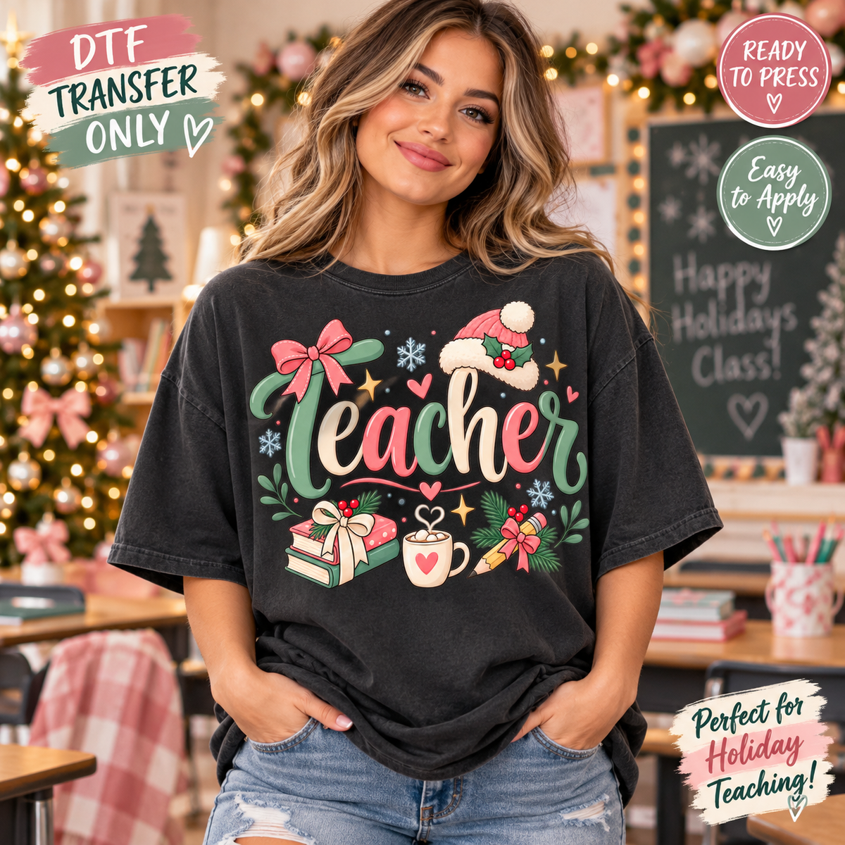 Christmas Teacher DTF Transfer – Holiday Script and Bow shirt mock up