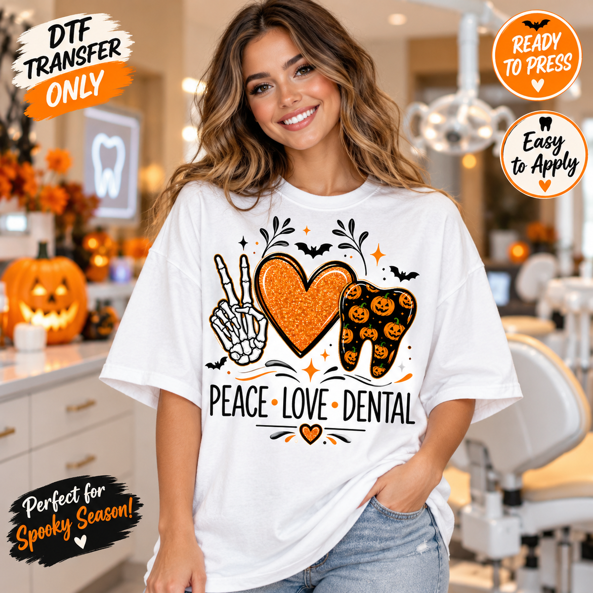 Halloween Peace Love Dental DTF Transfer – Pumpkin Tooth shirt mock up