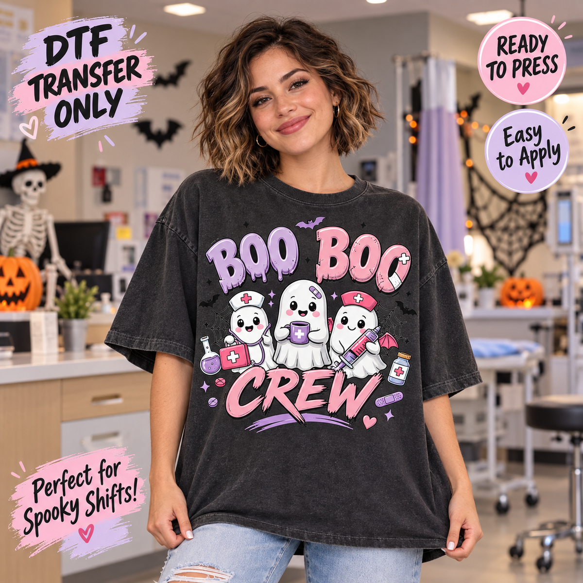 Halloween Nurse Boo Boo Crew DTF Transfer – Pink Ghosts shirt mock up