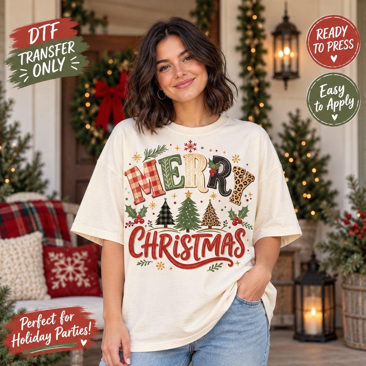 Merry Christmas Patchwork DTF Transfer – Christmas Trees shirt mock up