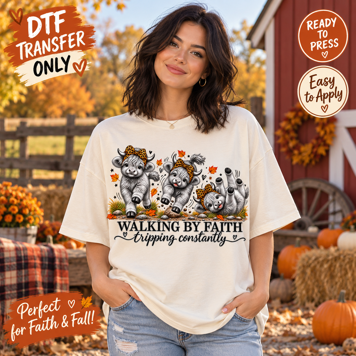 Funny Fall Christian Walking by Faith DTF Transfer – Highland Cows shirt mock up