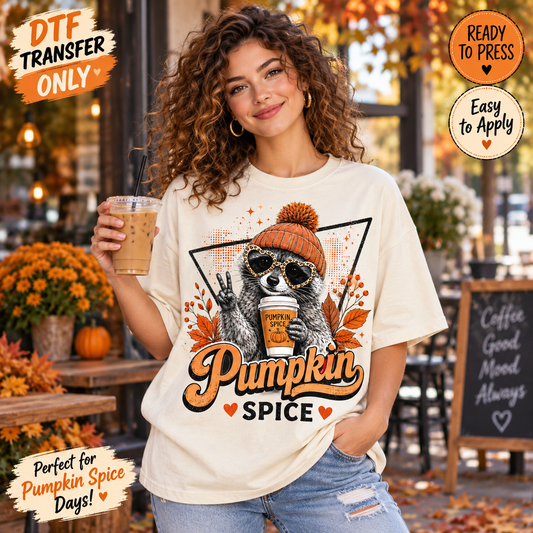 Fall Pumpkin Spice Raccoon DTF Transfer – Coffee Lover shirt mock up