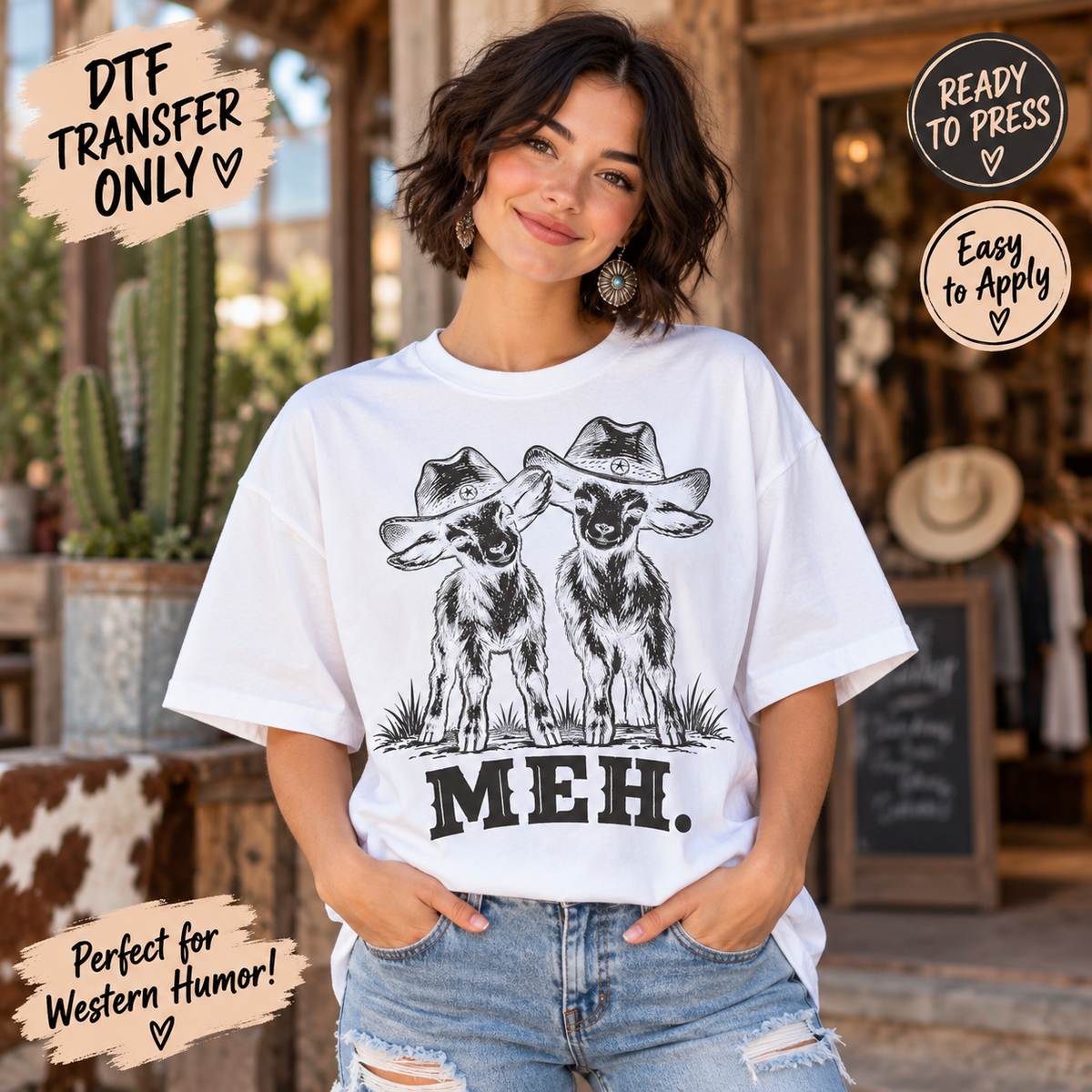 Funny Western MEH Goat DTF Transfer – Cowboy Goats shirt mock up