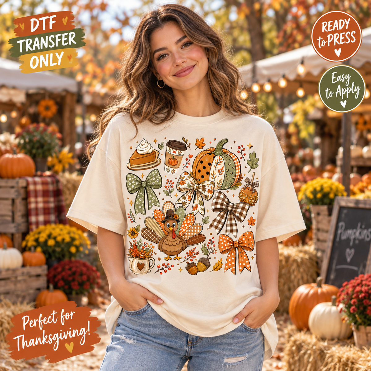Thanksgiving Fall Bow Collage DTF Transfer – Turkey and Pumpkin shirt mock up