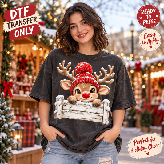 Christmas Peekaboo Reindeer DTF Transfer – Red Knit Hat shirt mock up